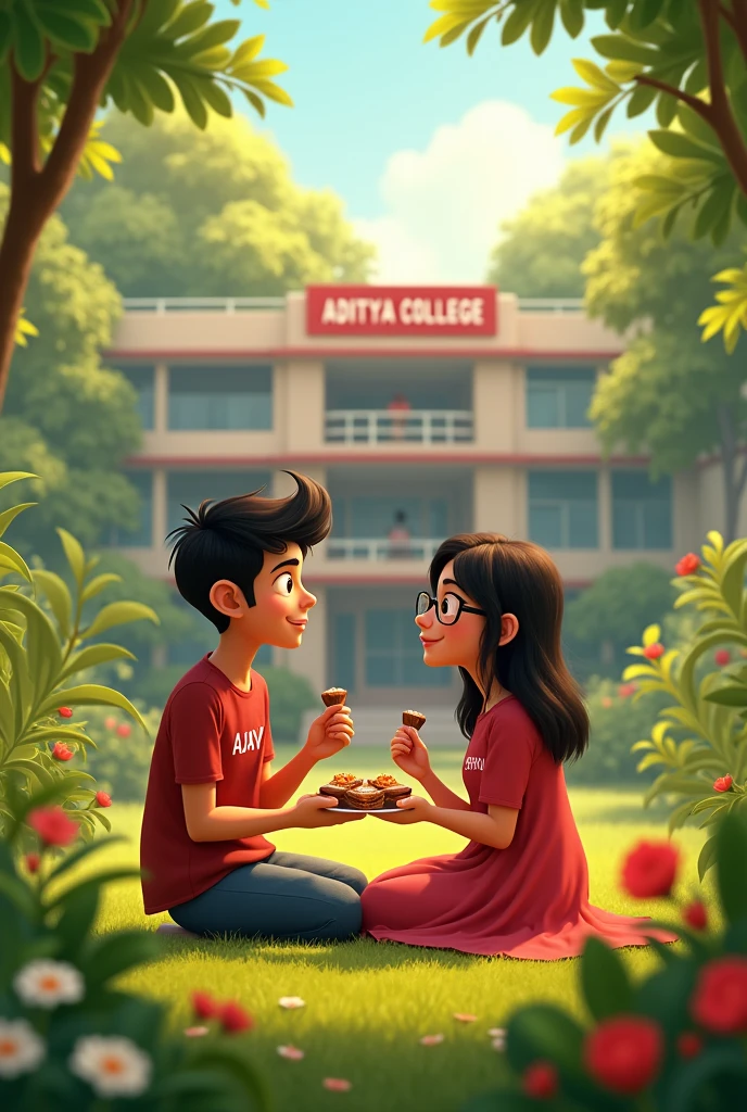 Ek girl or ek boy dono couple hai jo ek romentic jagah par bethe huye hai boy ki shirt par ajey or girl ki shirt par piru likha hua hai or girl ne chasma laga rakhi hai, dono kitkat chocolate kha rahe hai , vo dono garden me bethe huye hai or pichhe ek college hai jis par aditya college ka banner laga hua hai hai aisi Indian people type animation me image banao