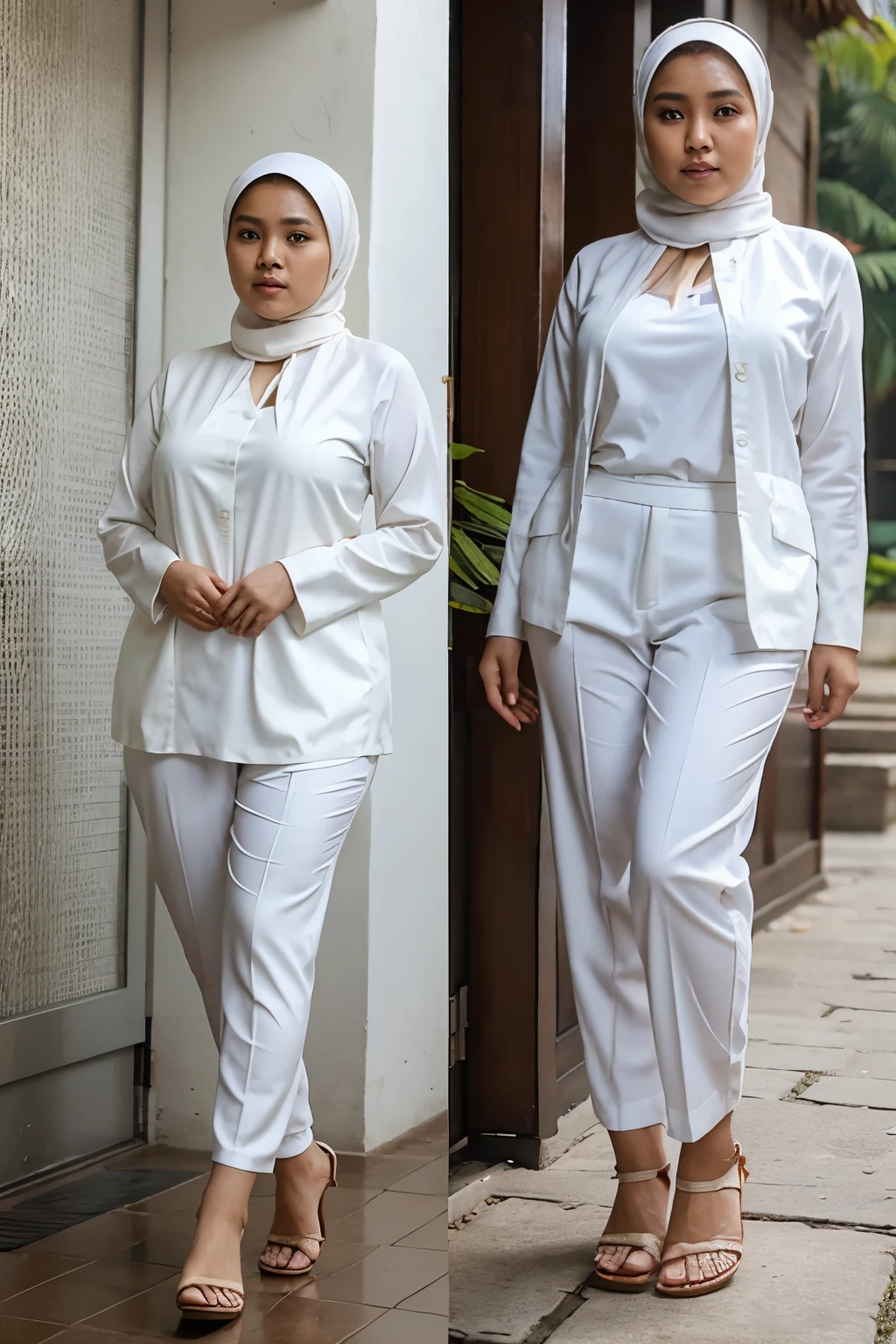 Realistic Indonesian girl wearing hijab, slightly fat body, 3, wearing a white kebaya suit, wearing sandals