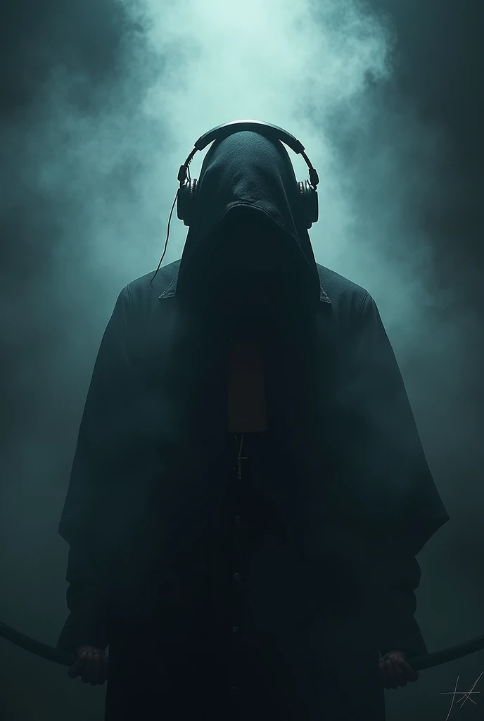 Dark person full of power using headphones