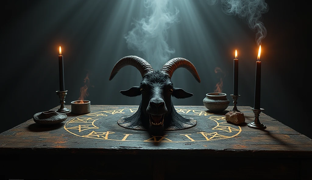 Altar with inverted pentagrams, the head of a black goat on the altar, black candles, Incense smoke rising from a bowl on the altar