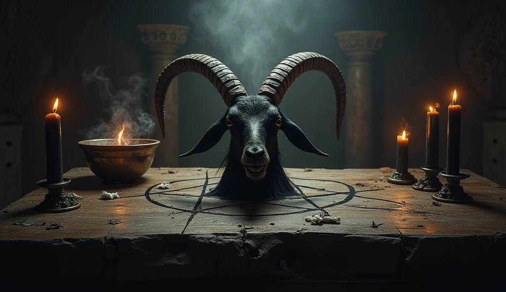 Altar with inverted pentagrams, the head of a black goat on the altar, black candles, Incense smoke rising from a bowl on the altar
