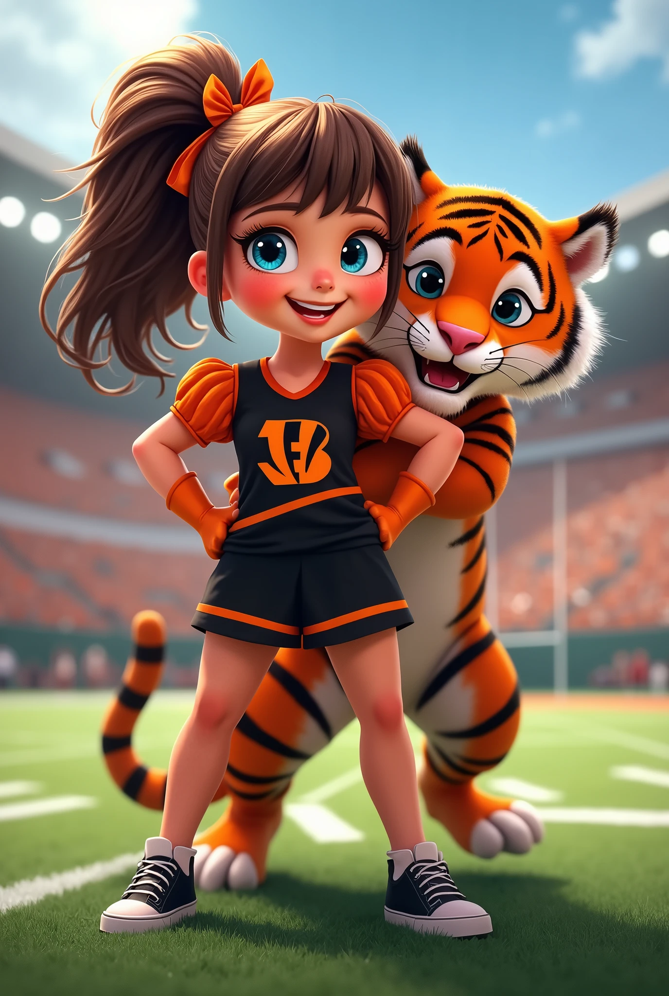 
Bengals cheerleader tween 
Chunky body
Brown hair, medium length in ponytail, bangs, 
blue eyes 
football field
Black & orange  one piece outfit  with Bengals logo  black shoes 
No socks
 hair bow 
With tiger hugging
Smiling 
