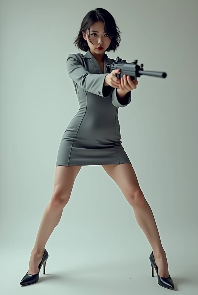 real person realistic beautiful korean flight stewardess grey super tight dress mini skirt standing stance legs open wide spreading full portrait holding rifle gun pointing at you front facing hip low aiming at you shooting range sexy legs