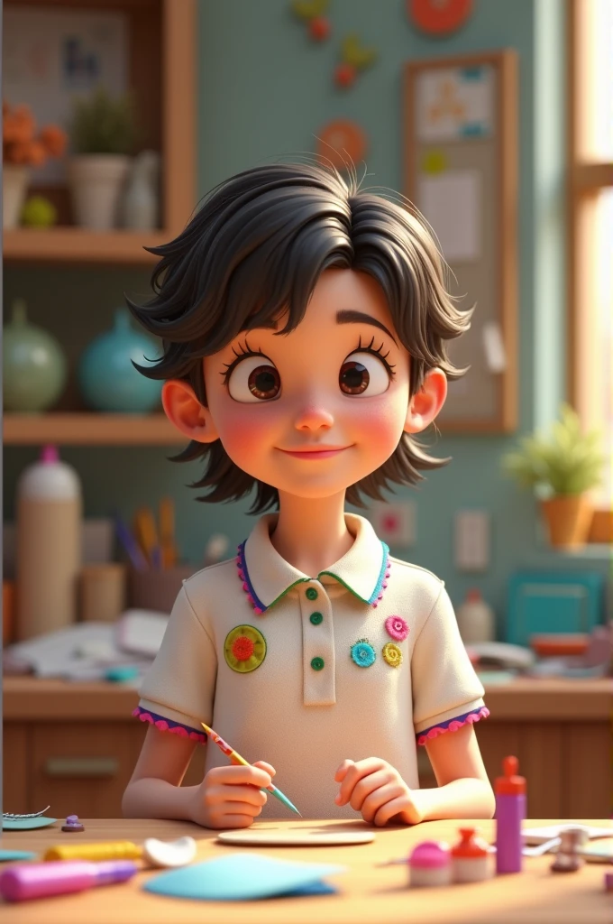 3d animated girl in white polo shirt and craft outfit