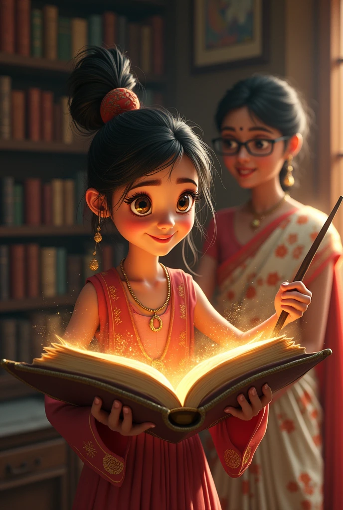 Beautiful girl, holding books wand showing it to the viewer, and Indian teacher, in Sari, glasses