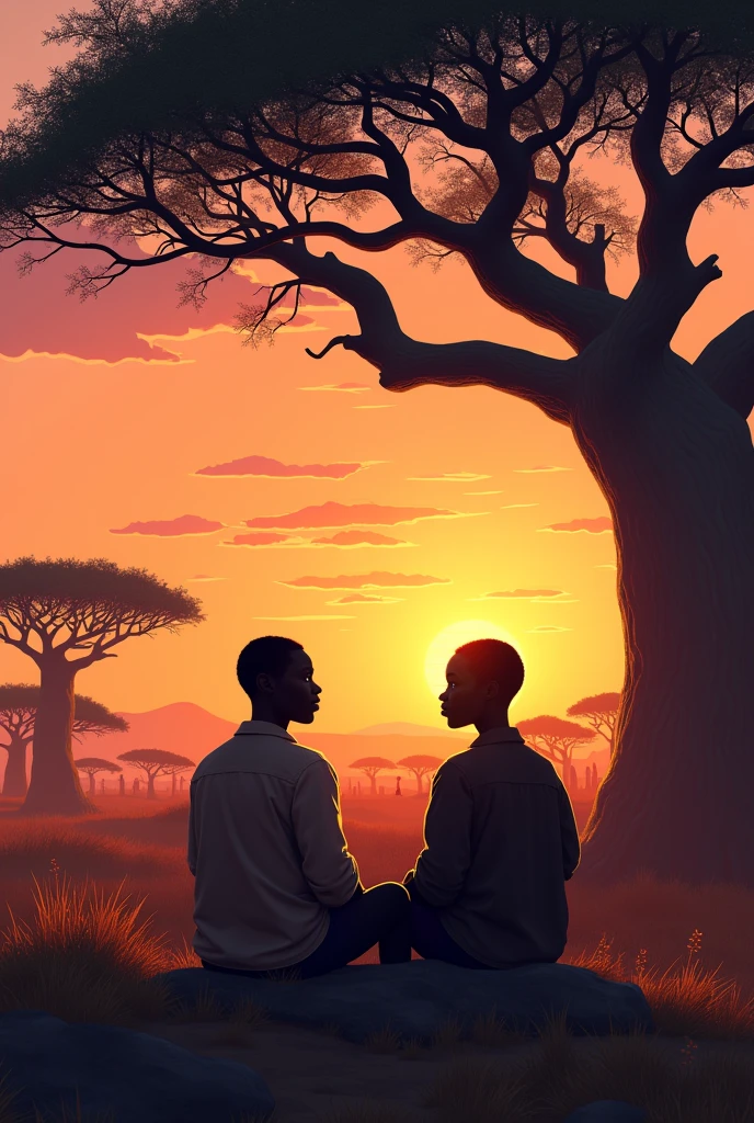 Scene 6: The New Dawn

Prompt 1:
"Sunrise over the African village, with the baobab tree standing tall in the background, its glow now gentle and reassuring. The village is bustling with energy, with villagers working together to integrate new technology into their daily lives, subtly incorporating AI devices into the traditional setting."

Prompt 2:
"Kofi and Abeni sit under the baobab tree, their faces lit by the golden light of the rising sun. Kofi is relaxed, a slight smile on his face, while Abeni, though thoughtful, shows a look of newfound understanding. The sky is painted with vibrant shades of orange and pink, symbolizing a new beginning where tradition and innovation coexist."


