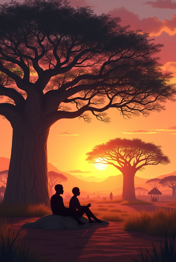 Scene 6: The New Dawn
Prompt 1:
"Sunrise over the African village, with the baobab tree standing tall in the background, its glow now gentle and reassuring. The village is bustling with energy, with villagers working together to integrate new technology into their daily lives, subtly incorporating AI devices into the traditional setting."
Prompt 2:
"Kofi and Abeni sit under the baobab tree, their faces lit by the golden light of the rising sun. Kofi is relaxed, a slight smile on his face, while Abeni, though thoughtful, shows a look of newfound understanding. The sky is painted with vibrant shades of orange and pink, symbolizing a new beginning where tradition and innovation coexist."