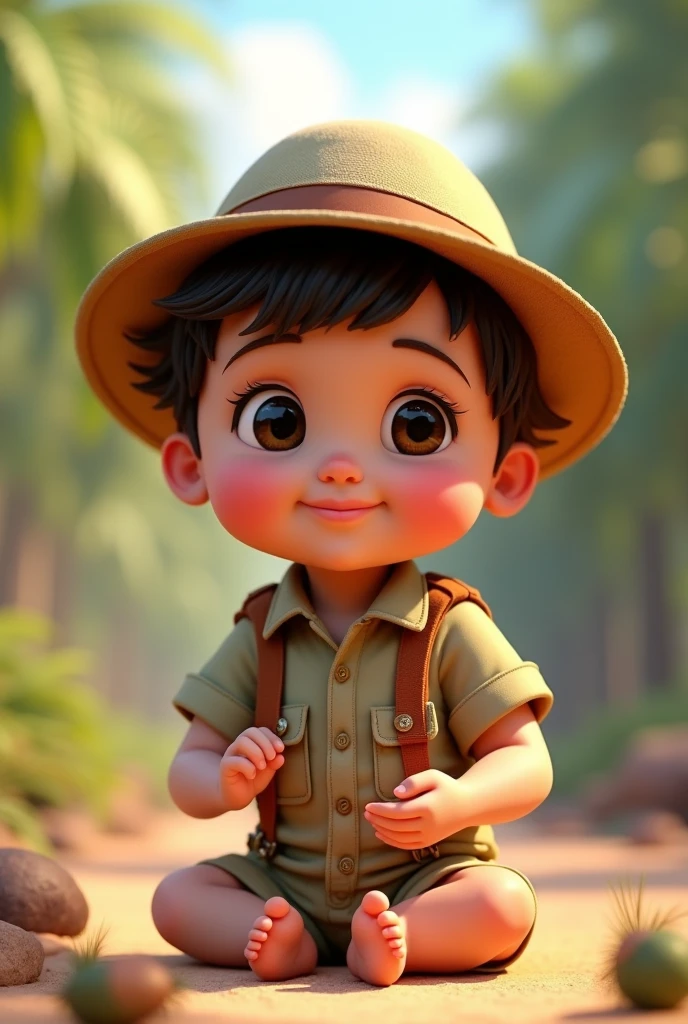 8 month old baby dressed in Safari outfit, short curly dark hair, full mouth, round eyes, Pixar 3D