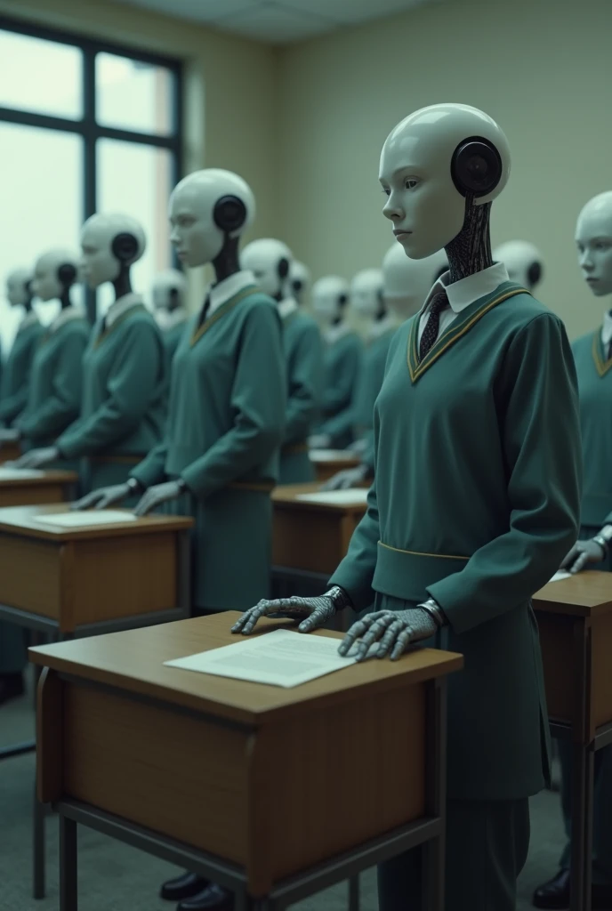 

Make a classroom of students who are actually robots. The image must be sad, showing the standardization of student behavior. Everyone must have the same clothes