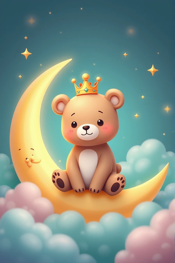 What a lovely idea for an invitation!! I recommend that you visualize a sweet and adorable light brown bear sitting on a half moon., with a beautiful crown adorned with animated details. The moon can have a soft glow that highlights its sweetness and, Around her, Turquoise and pink fluffy clouds that add a magical touch. In 9 format:16