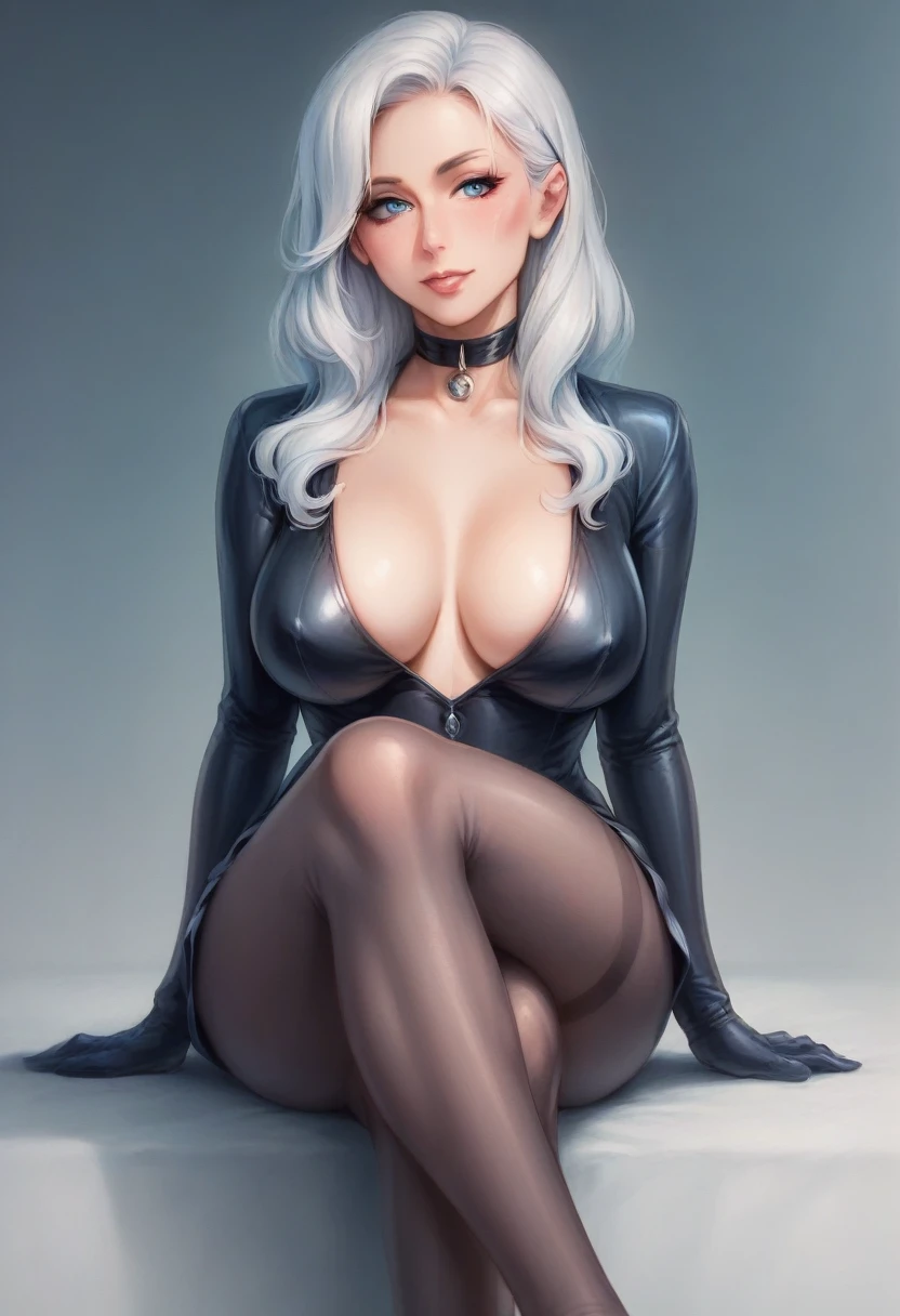 (high quality, 4K, high contrast, artwork:1.2), best aesthetics, BREAK ((1 woman)), Black Cat, (a white hair woman in a black bodysuit and small mask:1.3), long wavy white hair, blue eyes, BREAK sensual, mature body, super detailed, highly detailed face, highly detailed eyes, highly detailed mouth, BREAK sexy body, perfect breasts, medium breasts, perfect wide thighs, cleavage, BREAK (white gloves, white fur details around the neckline and gloves:1.1), sensual facial expression, BREAK New York City rooftop, sitting, legs crossed, dimly lit, midnight.