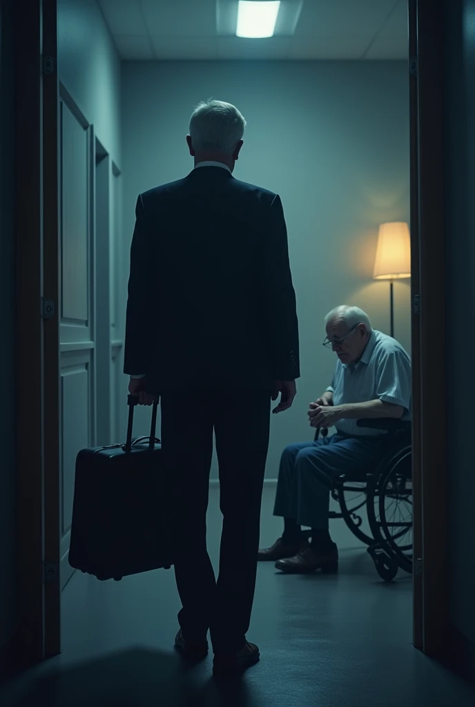 A melancholic scene in a dimly lit nursing home hallway. A middle-aged man, shown from the back or in profile, is holding a suitcase in one hand, hesitating as he prepares to leave. In the background, a frail elderly man sits in a wheelchair or on a bench against the wall, his expression a mix of sadness and understanding. The elderly man has a tear or a glimmer in his eye, emphasizing the emotional weight of the moment. The colors are predominantly cool, with shades of dark blue and gray, accented by a soft, warm light that creates a subtle contrast. Text overlay: 'The price of choice...' or 'A decision that changes everything...' in impactful, slightly shadowed letters."