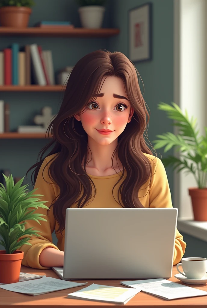 Scene 1: Deborah's Work Deborah, a 3 brunette woman, with long dark brown hair, work from home for a startup. she's in his office, focused on an important meeting on the computer. Ao fundo, there is a bookshelf with books and a plant, it's on the table, scattered papers and a cup of coffee.Scene 2: The Connection Suddenly Drops, the computer screen goes black, showcasing "No Connection". Débora is surprised and, Quickly, pick up the cell phone, but there is also no internet or phone signal. She starts to get frustrated and anxious.Scene 3: Asking for Help from the Neighbor Débora puts on a coat and goes to her neighbor's house, asking to use the phone. The neighbor, kind, lets. She tries to call TIM, but gets stuck waiting, unable to speak to someone who can solve the problem.Scene 4: Calling Anatel Back to your apartment, Débora decides to call Anatel. sitting not sofa, she explains the situation and files a complaint, hoping this solves your problem. She is determined to get the connection back to finish her work..Scene 5: Problem Solved After Anatel's Intervention, TIM solves the problem. Débora returns to the computer, relieved to see that the internet is working again. she smiles, ready to continue the meeting and deliver your demands.Scene 6: Final Reflection Débora looks at the computer, already connected, and think about what happened. She realizes that, Sometimes, you need to seek help in different places, but the important thing is not to give up until you find a solution.
