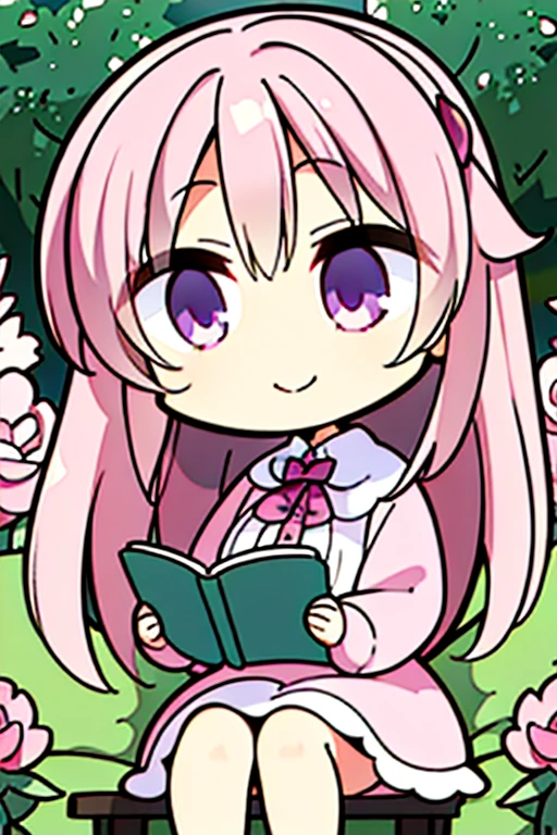 Perfect face. Perfect hands. A pink haired woman with violet eyes with an hourglass figure in a pink dress is smiling while reading in a garden of peonies