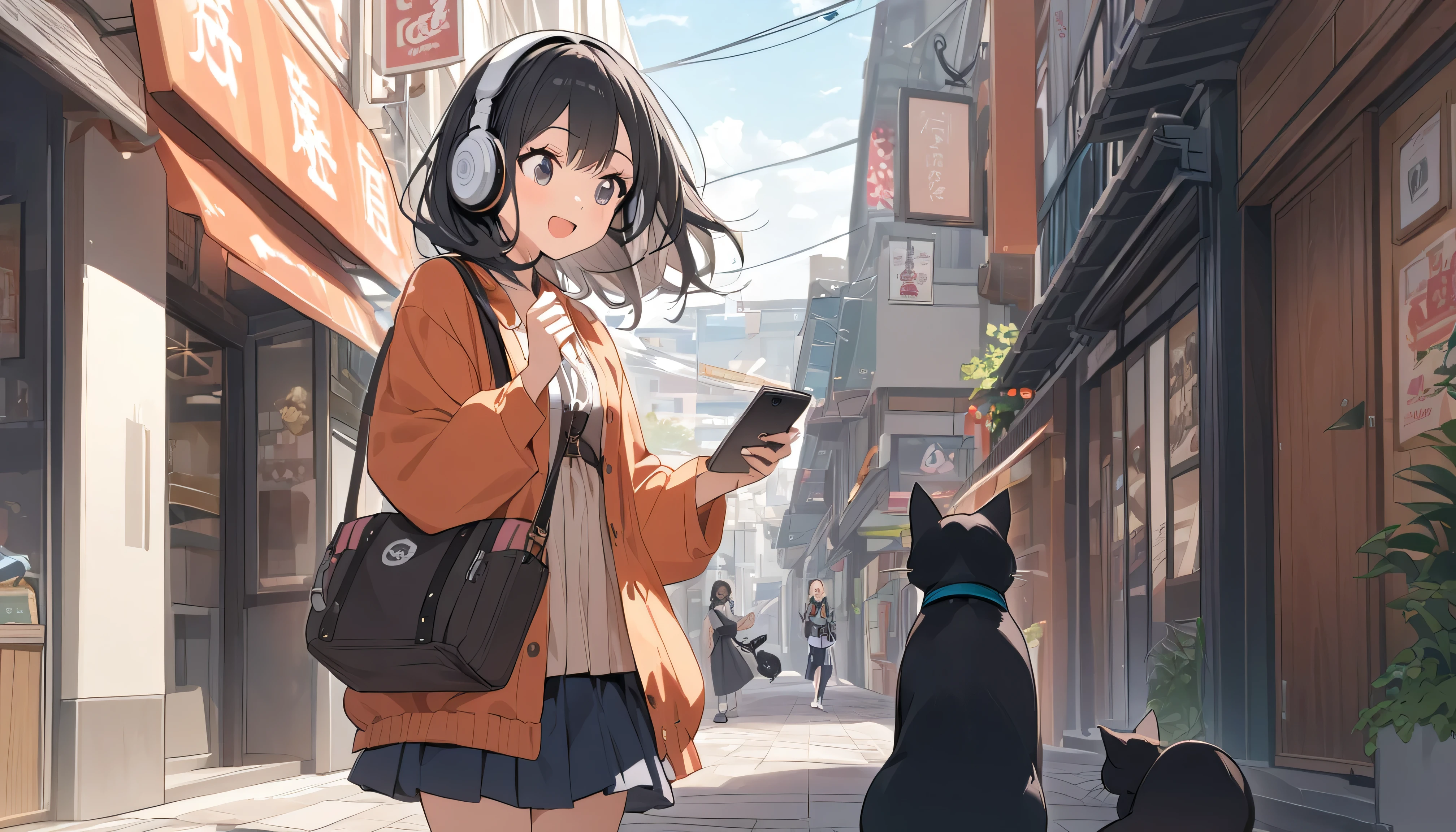 A woman with black hair and cute clothes having fun talking to a black cat,Streetscape、Listening to music with headphones、Japanese