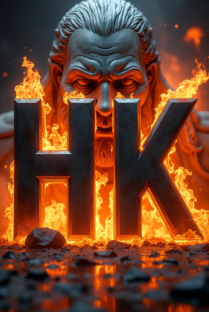 The letters HK together with fire around, with a metallic tone with a background image of the face of the god Hades