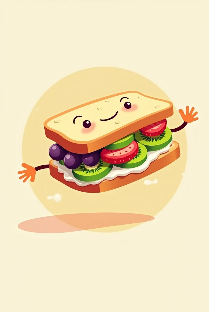 make me a logo that has a fruit sandwich flying with the right hand on top and there are fruits like kiwi, strawberry, and the grapes have been cut and there is also white cream which shows that it is a fruit sandwich