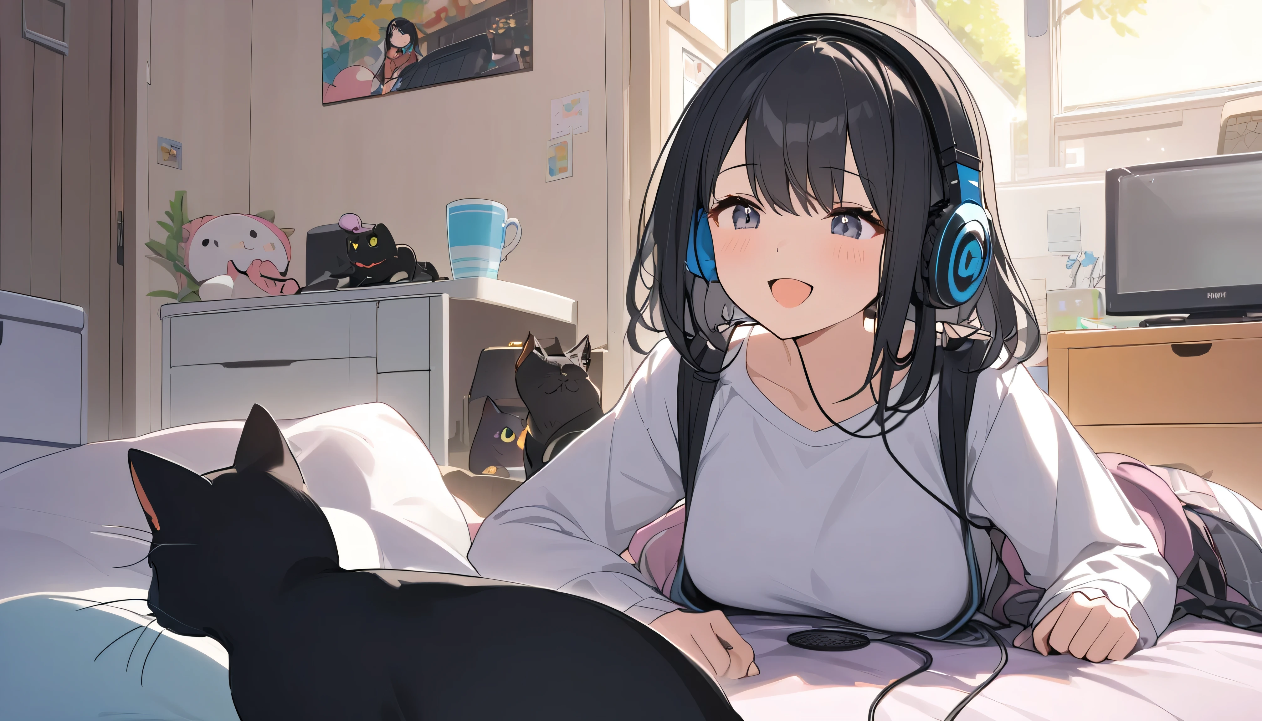 A woman with black hair and cute clothes having fun talking to a black cat in her room,Streetscape、Listening to music with headphones、Japanese