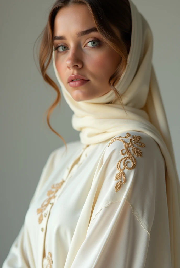 A beautiful woman in a personalized abaya, featuring subtle monogrammed initials in gold thread on the sleeve. The abaya is a soft ivory color with tone-on-tone appliqués, creating a sophisticated and understated design. The model is in a professional photography studio, with lighting that emphasizes the personalized details.