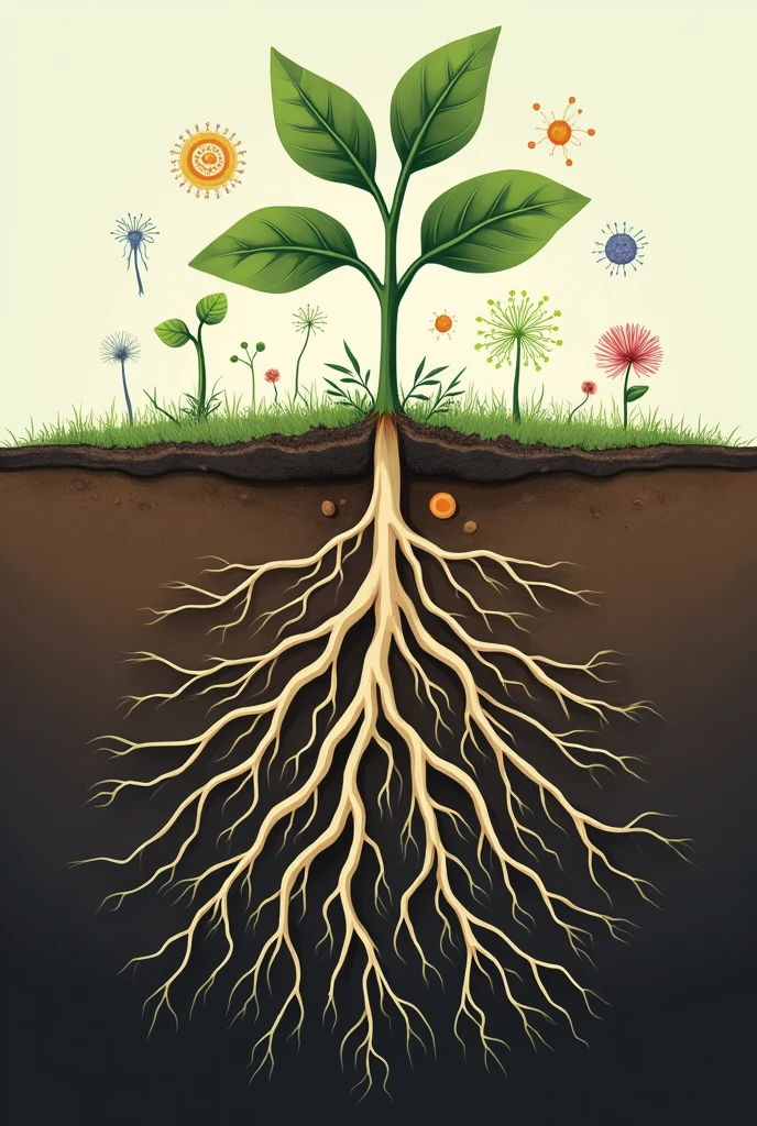 create an image as if it were a horizontally cut ground, showing a plant with roots and bacteria in icons around the roots