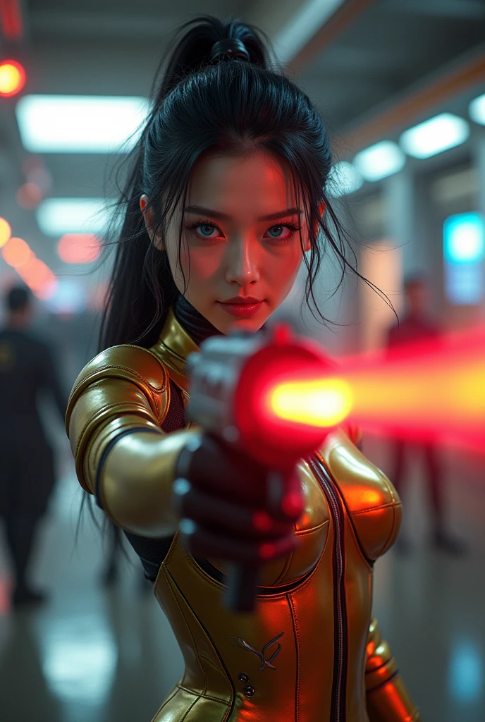 (masterpiece, best quality, beauty, best ratio, best shadows,best Illustration, wallpaper size,1080×2400 pixels, detailed face, pastel colors) star wars theme.
uhd, china female kungfu, korean beauty like tae yon, face fully visible, shooting pose, shining blue eyes, windblown hair, wear gold and black futuristic full leather armory suit, left hand holding futuristic gun emits red energy with a shooting presence, on top background of an airport in outer space with red and orange signal lights flashing, outer space city, space rider sand space troops seen on far away. use the RenderMan renderer.digital art. High definition, high contrast,high color saturation,128k,cinematic lighting, intricate,cinematic advertising photograph,cinema lens, super high res.