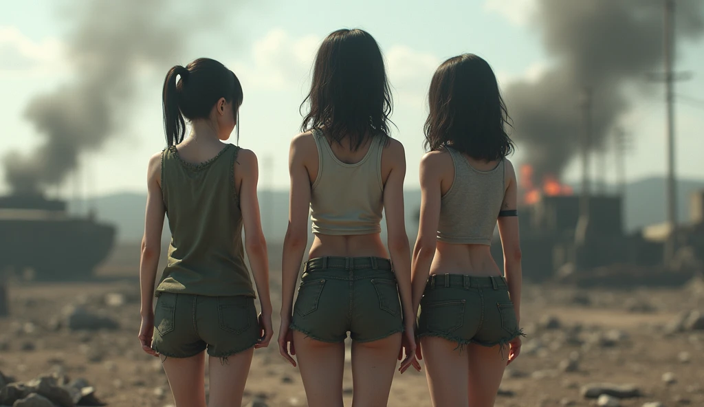 (best quality,4k,high resolution,ultra-detailed,photorealistic:1.37), girls left behind on the battlefield, Whole Body proportions and all limbs are expressed in anatomical precision, torn tanktop, underboob, ticker, studio lighting, professional, intense emotions, combat scene, warfare, historical drama, heroic actions, filled with smoke, desolate landscape,