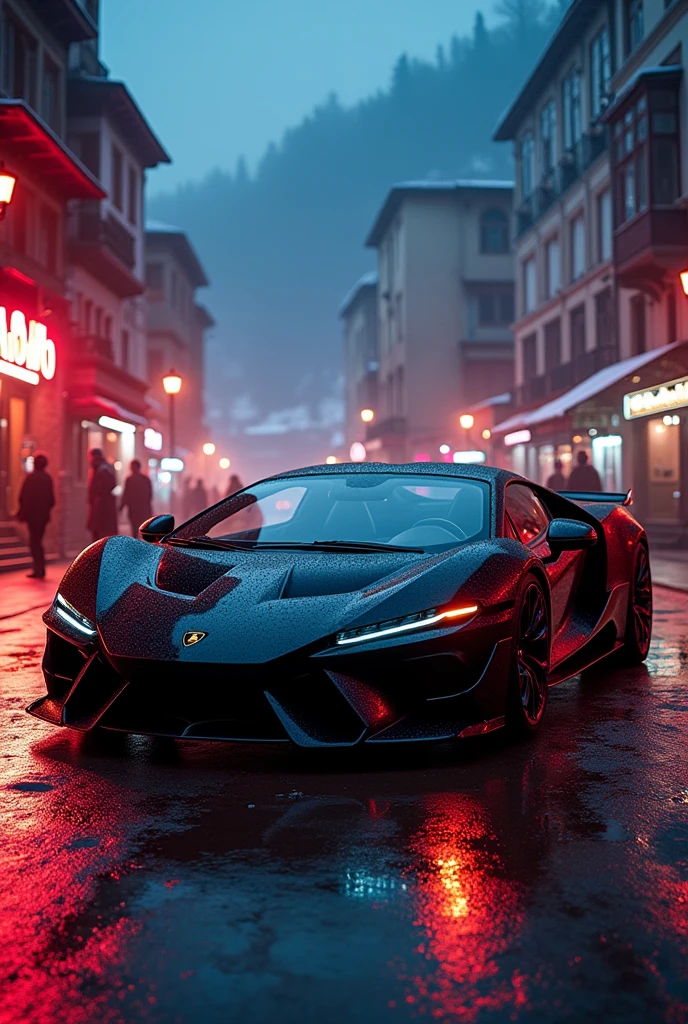 Lamborghini sian with black colour at Shimla with neon light at night with snowfall at beach