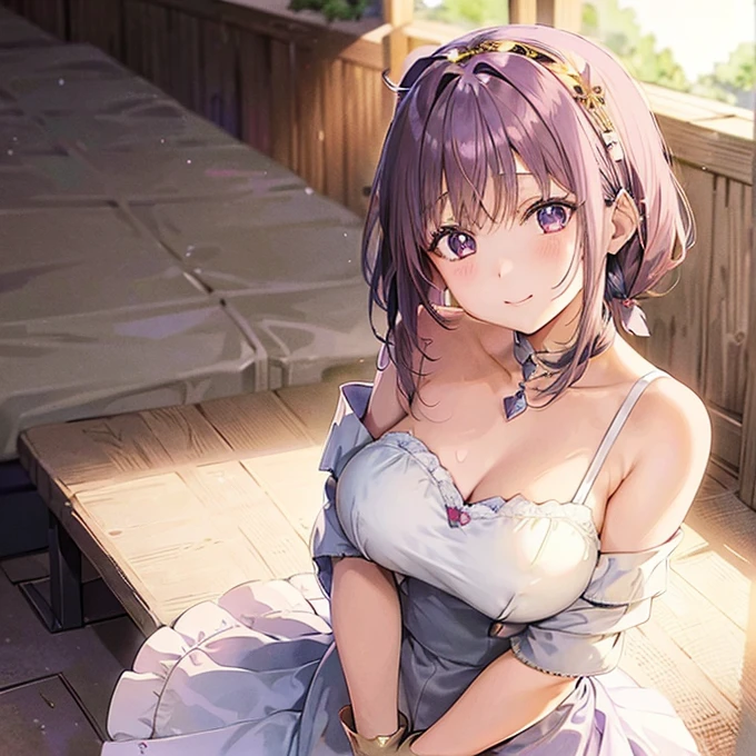 Young elementary school student, light purple hair, side ponytail, princess crown, purple eyes, white dress, flat chest, medieval, gentle smile, standing