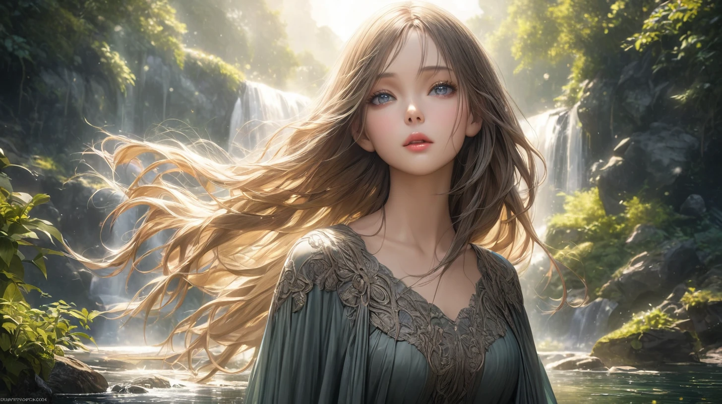 A serene waterfall surrounded by lush greenery, 1girl standing in awe, detailed realistic facial features, long flowing hair, beautiful detailed eyes,beautiful detailed lips,extremely detailed eyes and face,longeyelashes, elegant flowing dress, (best quality,4k,8k,highres,masterpiece:1.2),ultra-detailed,(realistic,photorealistic,photo-realistic:1.37),HDR,UHD,studio lighting,ultra-fine painting,sharp focus,physically-based rendering,extreme detail description,professional,vivid colors,bokeh,landscape,natural lighting,dramatic lighting,muted color palette,warm tones