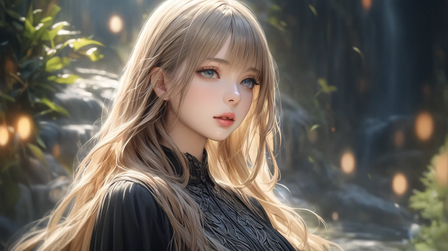 A serene waterfall surrounded by lush greenery, 1girl standing in awe, detailed realistic facial features, long flowing hair, beautiful detailed eyes,beautiful detailed lips,extremely detailed eyes and face,longeyelashes, elegant flowing dress, (best quality,4k,8k,highres,masterpiece:1.2),ultra-detailed,(realistic,photorealistic,photo-realistic:1.37),HDR,UHD,studio lighting,ultra-fine painting,sharp focus,physically-based rendering,extreme detail description,professional,vivid colors,bokeh,landscape,natural lighting,dramatic lighting,muted color palette,warm tones