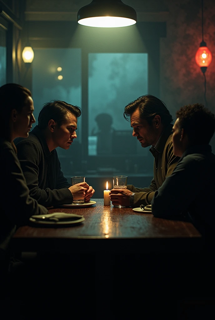 Make people look scared talking to each other, telling stories to each other in a bar, the atmosphere is fearful and chilling