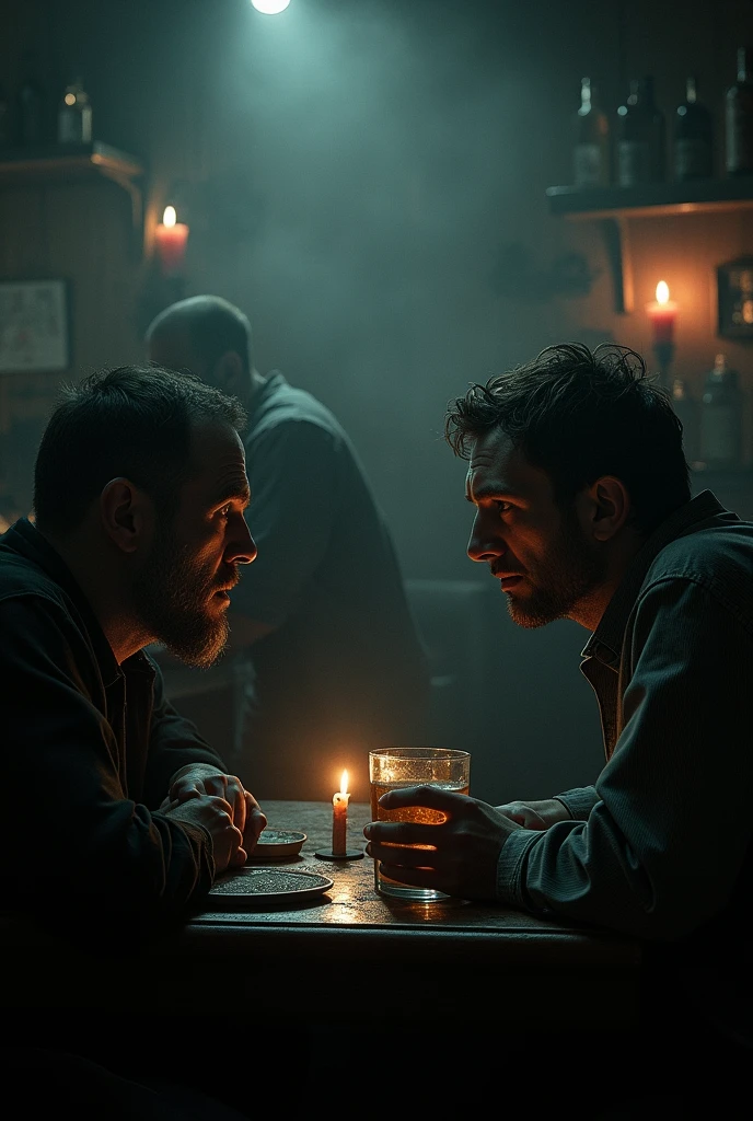 Make people look scared talking to each other, telling stories to each other in a bar, the atmosphere is fearful and chilling