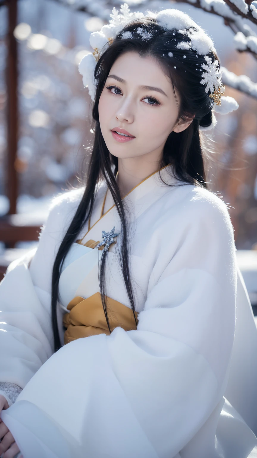 1 Fashion Model [[[[close up]]]], [[[[neck]]]], [[[[Shoulder]]]], (((Complete head)))，(((Complete hairstyle)))，Perfect eyes, Perfect Iris，Perfect lips，Perfect Teeth，Perfect skin，White skin，Soft headlights，High-density imaging，Black long hair，（Clean and delicate face），((Simple fur winter Hanfu))，((Half-length photo))，((The background is a snowy scene))，((winter))，((Various dynamic poses))，((The background is a snowy scene))，best quality，masterpiece，（Soft colors：1.2）
