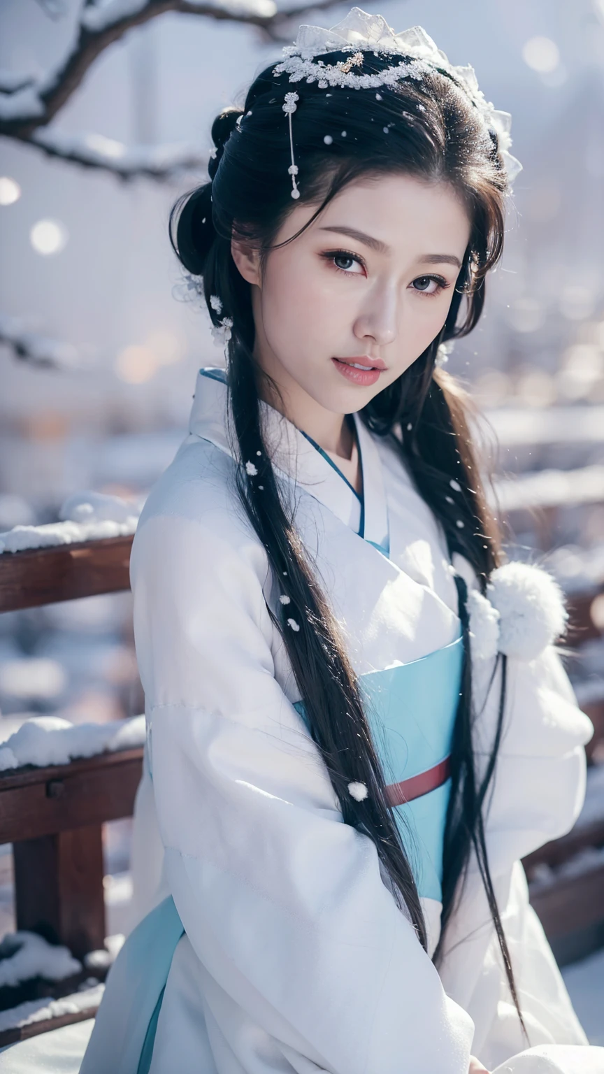 1 Fashion Model [[[[close up]]]], [[[[neck]]]], [[[[Shoulder]]]], (((Complete head)))，(((Complete hairstyle)))，Perfect eyes, Perfect Iris，Perfect lips，Perfect Teeth，Perfect skin，White skin，Soft headlights，High-density imaging，Black long hair，（Clean and delicate face），((Simple fur winter Hanfu))，((Half-length photo))，((The background is a snowy scene))，((winter))，((Various dynamic poses))，((The background is a snowy scene))，best quality，masterpiece，（Soft colors：1.2）