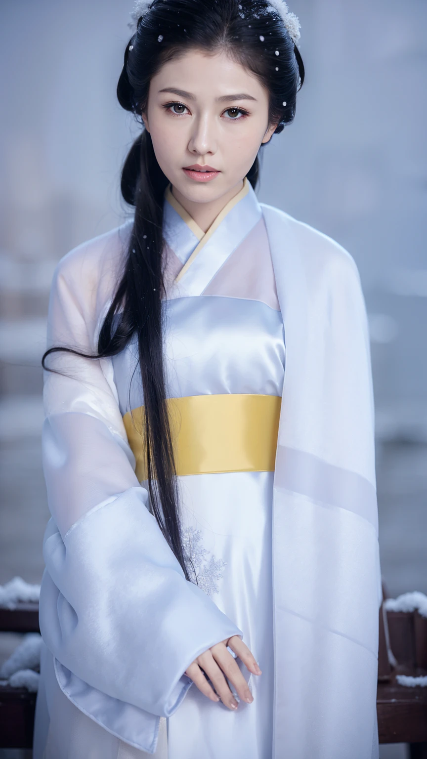 1 Fashion Model [[[[close up]]]], [[[[neck]]]], [[[[Shoulder]]]], (((Complete head)))，(((Complete hairstyle)))，Perfect eyes, Perfect Iris，Perfect lips，Perfect Teeth，Perfect skin，White skin，Soft headlights，High-density imaging，Black long hair，（Clean and delicate face），((Simple fur winter Hanfu))，((Half-length photo))，((The background is a snowy scene))，((winter))，((Various dynamic poses))，((The background is a snowy scene))，best quality，masterpiece，（Soft colors：1.2）