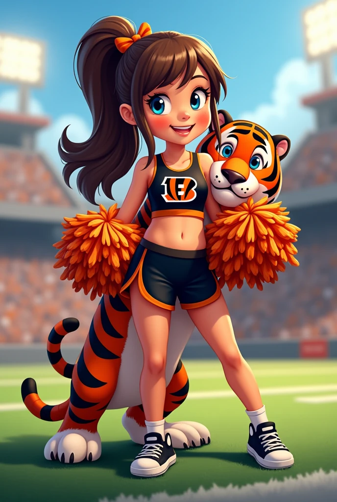 Bengals cheerleader tween
Chunky body
Brown hair, medium length in ponytail, bangs,
blue eyes
football field
Black & orange one piece outfit with Bengals logo black shoes
No socks
hair bow
With tiger hugging
Smiling
Pompom