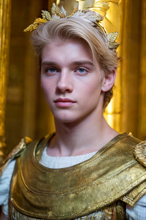 Portrait of a handsome young man, Roman emperor, blond hair, wearing Roman emperor clothes, handsome boy, magnanimous, power, ruler, symmetry, boy in the center, focus on the boy, classical era, ancient Rome, luxury, the most handsome boy, symmetry, male beauty, laurel wreath, golden laurel wreath, Caesar, pale skin