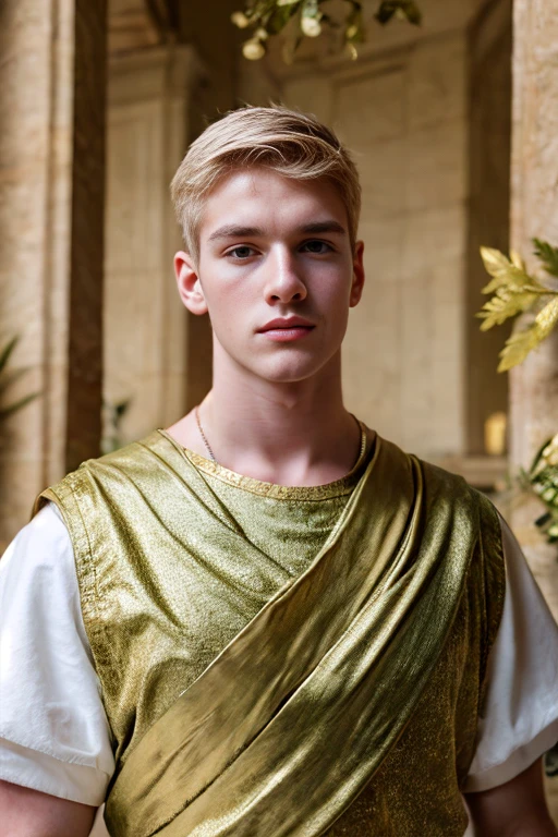 Portrait of a handsome young man, Roman emperor, blond hair, wearing Roman emperor clothes, handsome boy, magnanimous, power, ruler, symmetry, boy in the center, focus on the boy, classical era, ancient Rome, luxury, the most handsome boy, symmetry, male beauty, laurel wreath, golden laurel wreath, Caesar, pale skin