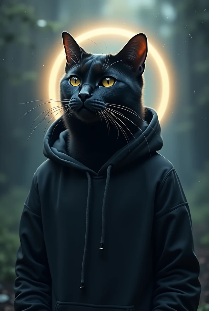 A cool cat with a black hoodie and a halo