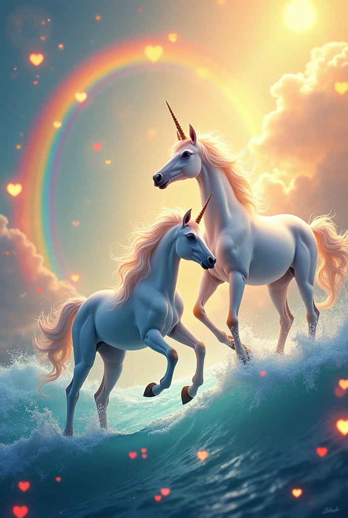 Create an image with dolphins and unicorns and rainbows with the colors yellow, blue and red in the background. more rainbows and hearts