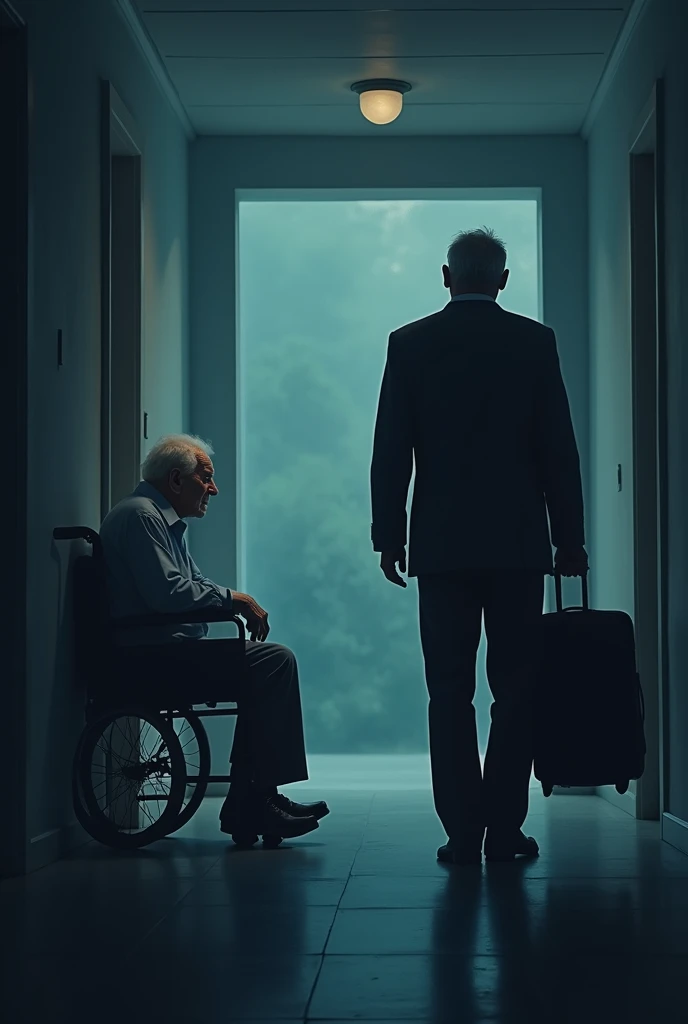 A melancholic scene in a dimly lit nursing home hallway. A middle-aged man, shown from the back or in profile, is holding a suitcase in one hand, hesitating as he prepares to leave. In the background, a frail elderly man sits in a wheelchair or on a bench against the wall, his expression a mix of sadness and understanding. The elderly man has a tear or a glimmer in his eye, emphasizing the emotional weight of the moment. The colors are predominantly cool, with shades of dark blue and gray, accented by a soft, warm light that creates a subtle contrast. Text overlay: 'The price of choice...' or 'A decision that changes everything...' in impactful, slightly shadowed letters."