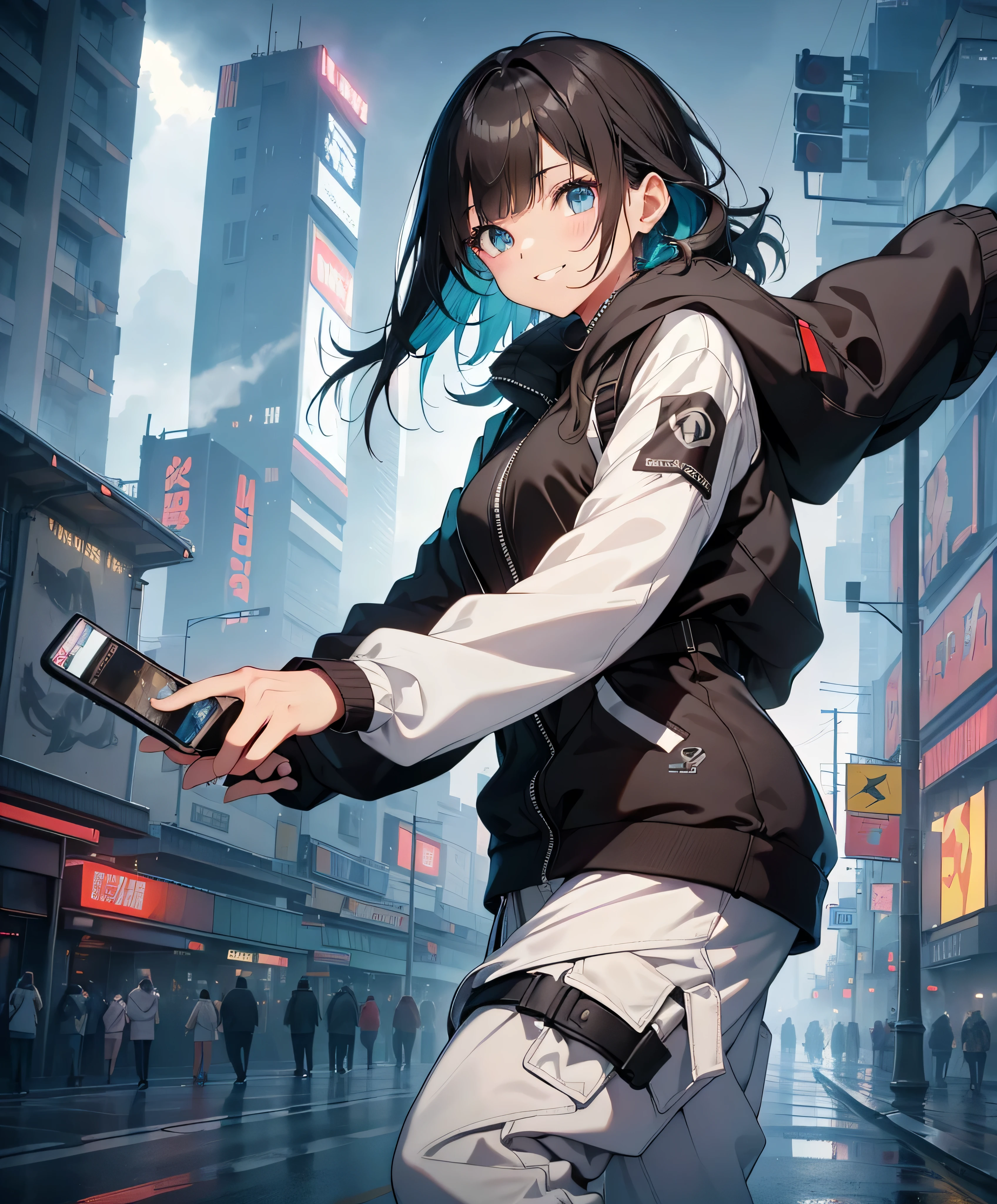 dance、Artistic jump、break dance、Intense movement、dynamism、Cyber city at night、Blade Runner atmosphere、Steam is coming out of the exhaust port on the road surface、The road is wet、solo、Fluttering Hair、Beautiful woman、Turquoise Eyes、Small Face、Abdominal muscles、Dark skin、、Bright smile、口をhalf開けて、White teeth are visible、(Asymmetrical bangs、Long black brown hair、half、grade、Hair on one eye、Disheveled Hair)、(cargo pants、spats、White sports bra、Short down jacket、Military Hoodies、gloves、White Sneezin Fingers、(See 4 books、One thumb)、Beautiful fingertips、Detailed Weapons、Human hand)、(Detailed face) 、(In 8K、Highest quality: 1.4、masterpiece、 Ultra-high resolution、 Highest Resolution,、Very detailed、 Professional Lighting、 Gray Light Lighting、Low angle from below、Blowing steam into the landscape、Fog in the landscape、Foggy、