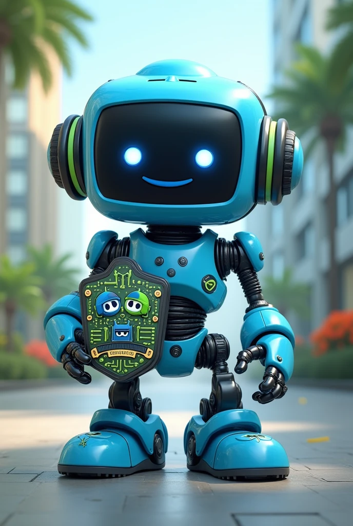Create a cute and trendy mascot image for a school scavenger hunt, incorporating elements of technology and education. The mascot should be a friendly robot with a light blue body and a screen for a face., showing a friendly smile and big eyes. Add technological details in green and black, as circuits and elements of educational tools, like books or tablets. The mascot must be holding a school crest that includes two silos and uses the colors green, black and blue. For a thematic touch, include elements inspired by the Smurfs, like a blue hat or character-like details. The fund must have technological elements, as circuits or graphs.