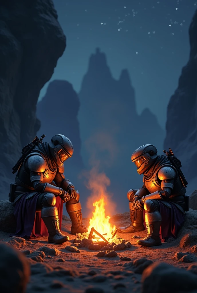 Two guardians from the game destiny sitting around a campfire