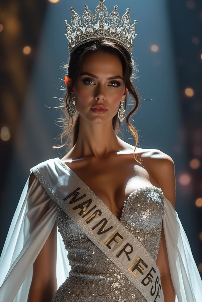 Miss universe, silver evening gown with silk shawl at shoulder left and right, at miss universe stage, wear crown and sash Miss Universe, elegant, beautiful, slim, don't smile, sexy vibes. Sharp eyes, cool, bold make up. Cignature sexy pose.