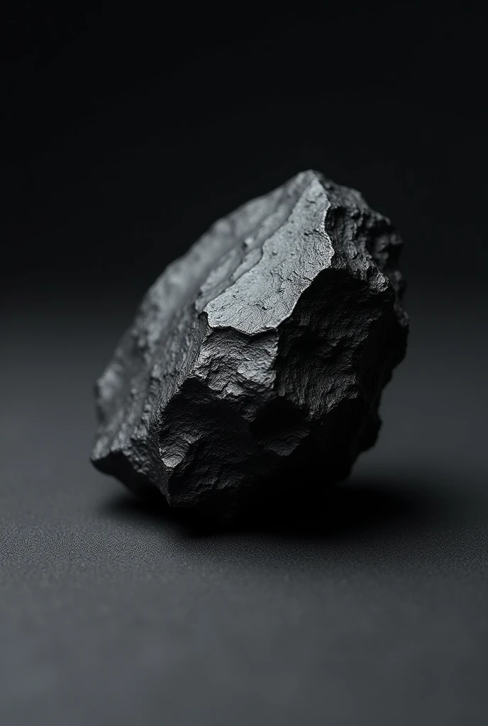 "Generate a highly detailed image of a Black Diamond known as Carbonado. The diamond should be depicted as black and opaque, with a matte finish, emphasizing its lack of shine. The surface of the diamond should appear rough and uneven, with natural, irregular textures. Position the diamond in a minimalistic setting, perhaps on a dark, matte surface or in a shadowy environment, to highlight its unique characteristics. The background should be subdued and simple, ensuring the focus remains on the diamond's distinct, non-reflective appearance."