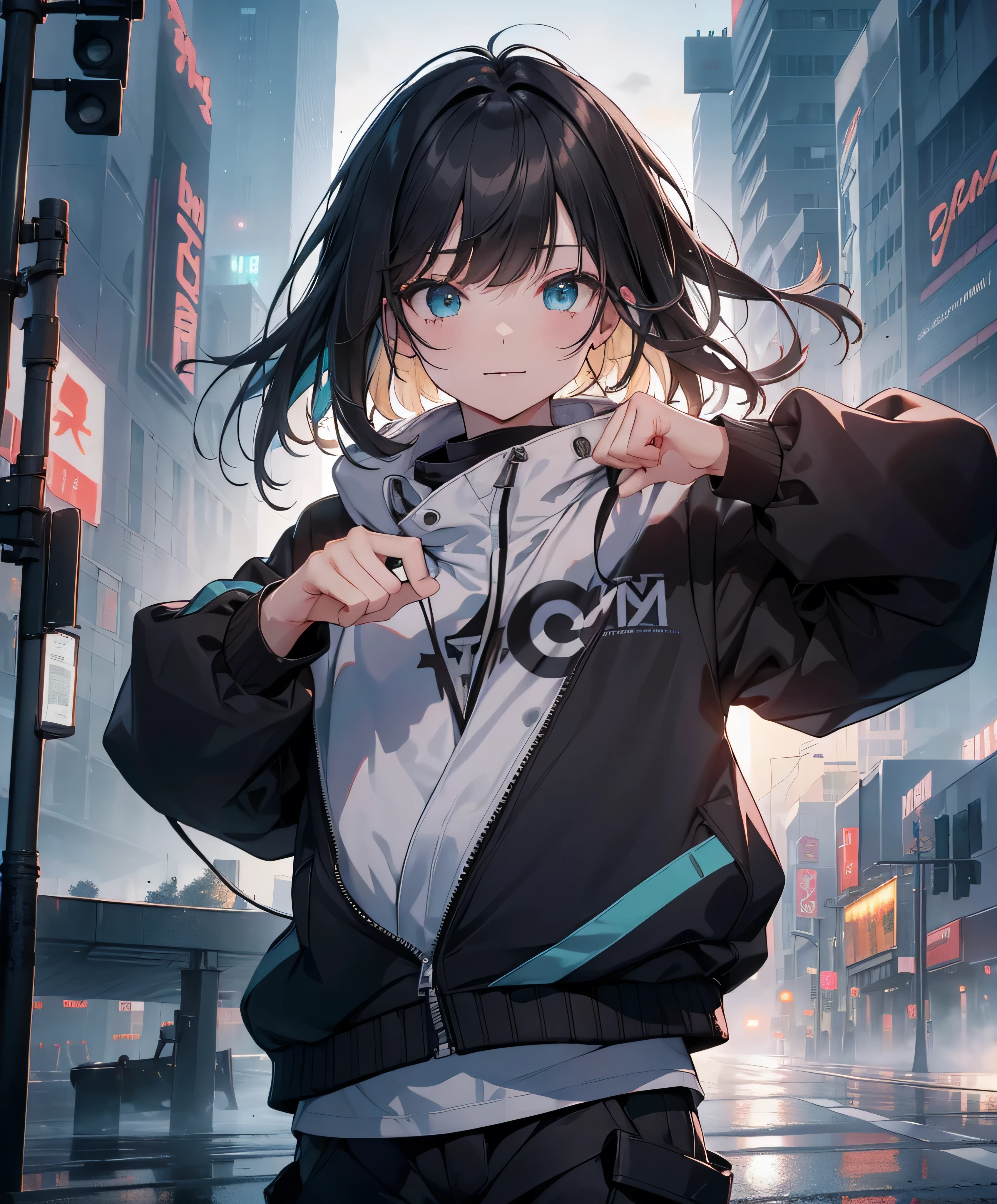 dance、Artistic jump、break dance、Intense movement、dynamism、Cyber city at night、Blade Runner atmosphere、Steam is coming out of the exhaust port on the road surface、The road is wet、solo、Fluttering Hair、Beautiful woman、Turquoise Eyes、Small Face、Abdominal muscles、Dark skin、、Bright smile、口をhalf開けて、White teeth are visible、(Asymmetrical bangs、Long black brown hair、half、grade、Hair on one eye、Disheveled Hair)、(cargo pants、spats、White sports bra、Short down jacket、Military Hoodies、gloves、White Sneezin Fingers、(See 4 books、One thumb)、Beautiful fingertips、Detailed Weapons、Human hand)、(Detailed face) 、(In 8K、Highest quality: 1.4、masterpiece、 Ultra-high resolution、 Highest Resolution,、Very detailed、 Professional Lighting、 Gray Light Lighting、Low angle from below、Blowing steam into the landscape、Fog in the landscape、Foggy、