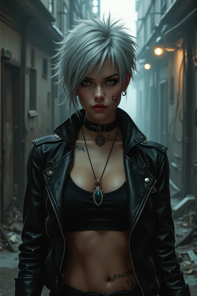 Rocker woman short hair gray eyes