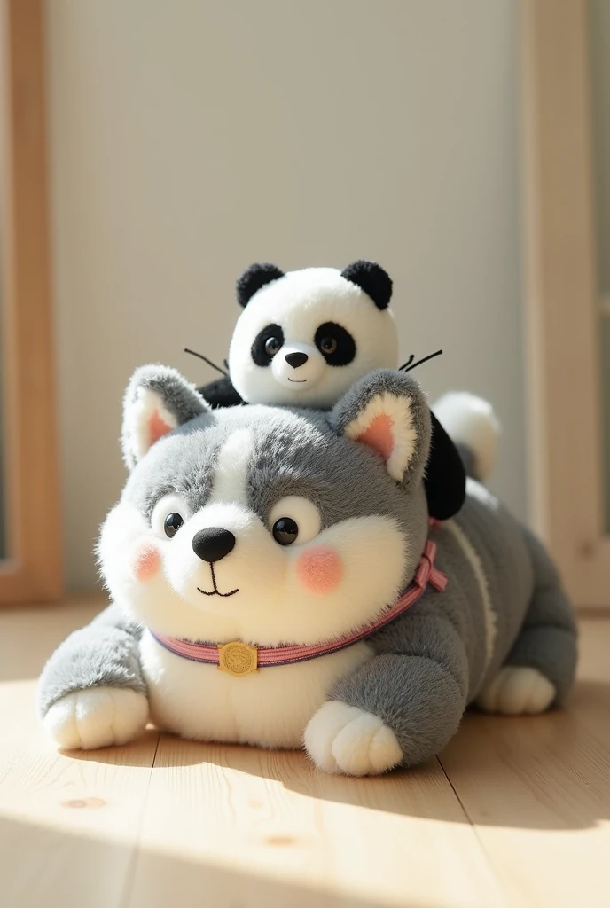 Produk desain,mini plushie, a chuby husky With grey stripes, and a chuby panda, The material is made of fur doll from the Miniso brand, kawaii design, ribbons around their necks, The brand's eyes are made of black amigurumi eyes, and the nose is black, the cat's whiskers are made of black thread ,Head size is larger than body, The position of the dog lying down and the panda on top of it, Product photo with plushie in the palm of the hand