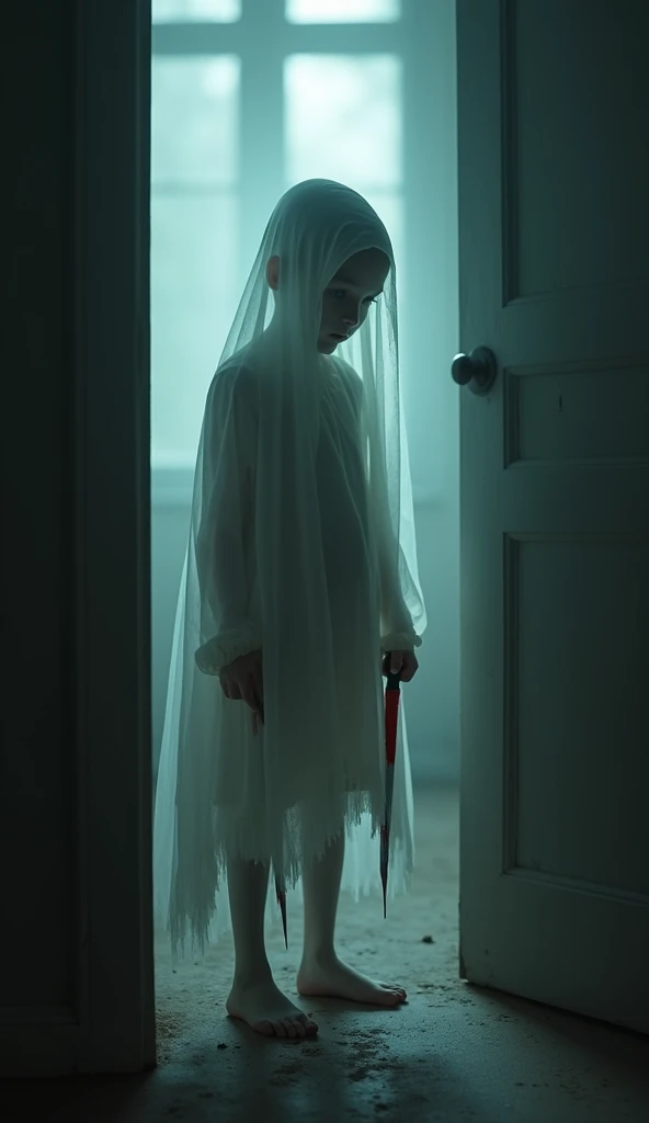 Scary ghost of a child standing in the corner of the house with blood stained clothes and holding a knife
